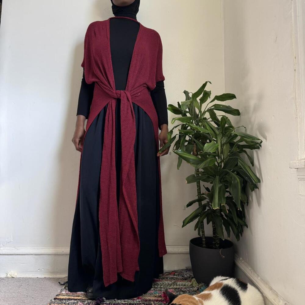Vintage red knit poncho Maxi cardigan with size split‎ details size L